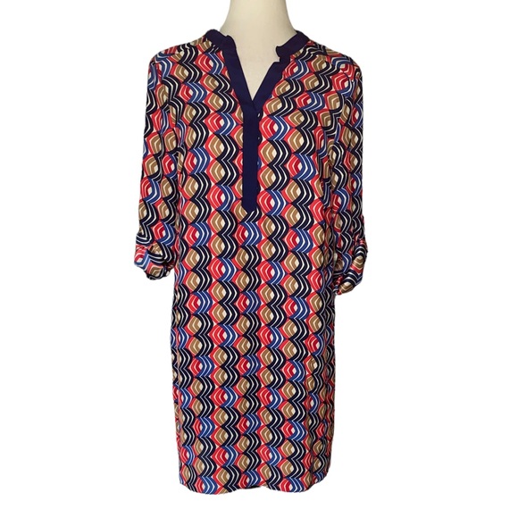 Alice & Trixie Silk Tan Blue Red Geometric Print Tunic Column Dress - M - Picture 1 of 9